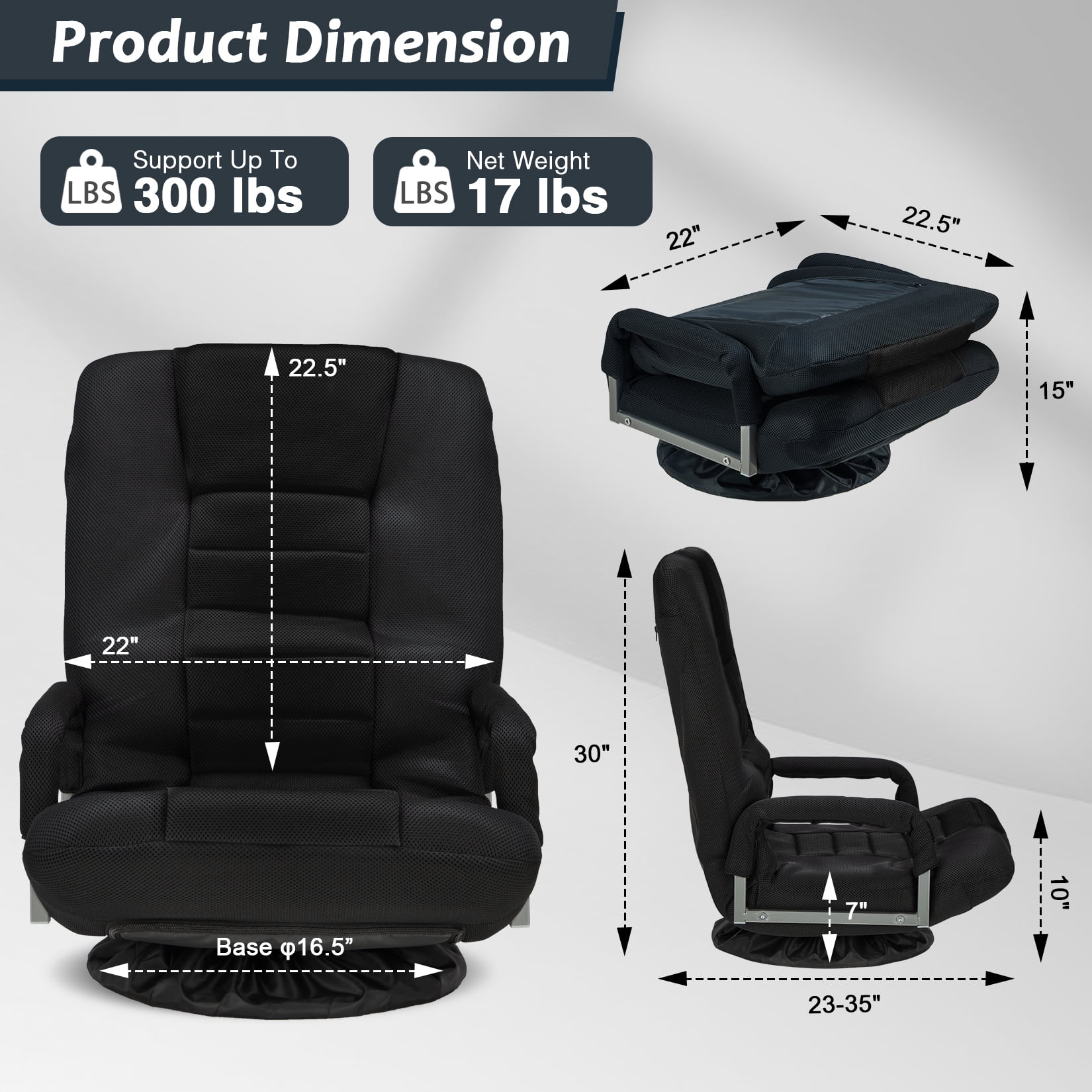 Avocahom Swivel Gaming Floor Chair w/ Armrest Handles, No Assembly gaming chair rocker, Folding Reclining Sofa w/6 Position Adjustable Backrest for Video Games, Watching TV, Reading,Black