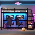 thumbnail image 3 of Full Loft Bed Frame with Charging Station and Desk, Metal Loft Beds with Storage Stairs and LED Lights for Bedroom, Apartment, Dorm, Multifunctional Iron Nets, Mattress Not Included, Black, 3 of 8