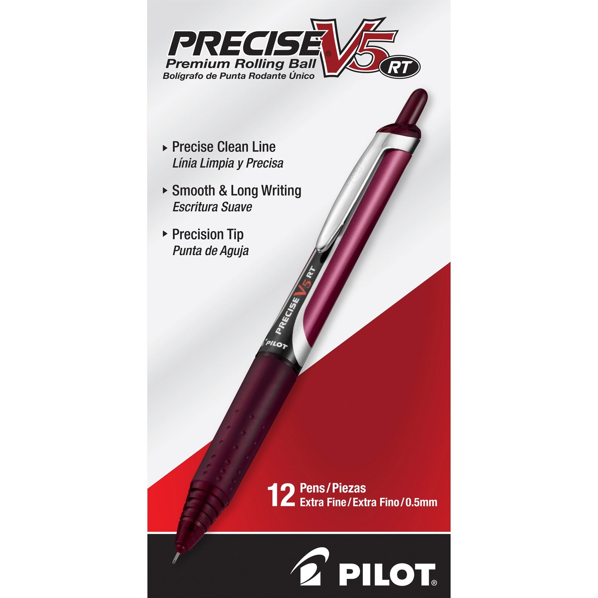 Pilot PIL15137 0.5 mm Extra-Fine Precise V5RT Retractable Roller Ball Pen - Burgundy Ink, Burgundy/Silver Barrel (1-Dozen)