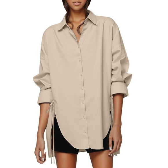 Women's Loose Fit Belted Shirt with Front Short Back Long Hemline for Early Autumn Season Casual Wear