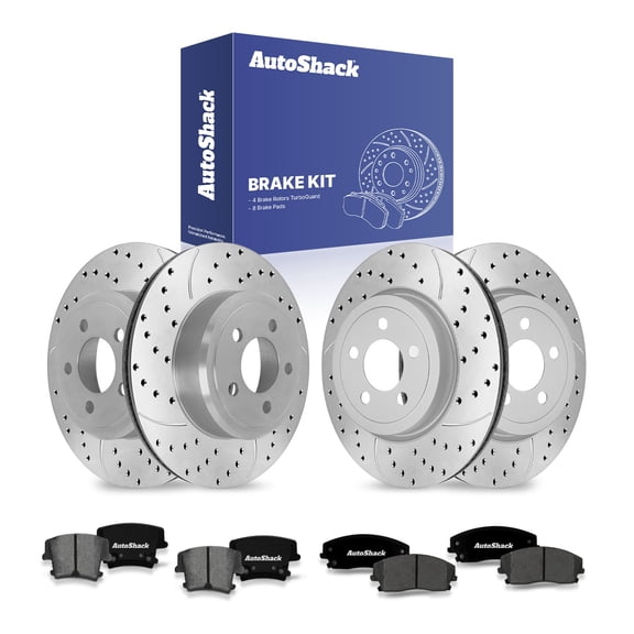 AutoShack Front & Rear Brake Rotors & Ceramic Pads for Dodge, Challenger 2012-2013, 2015-2018 Charger 2012-2013, RWD V6 3.6L - Coated Drilled & Slotted - Silver Matte Finish - TurboGuard