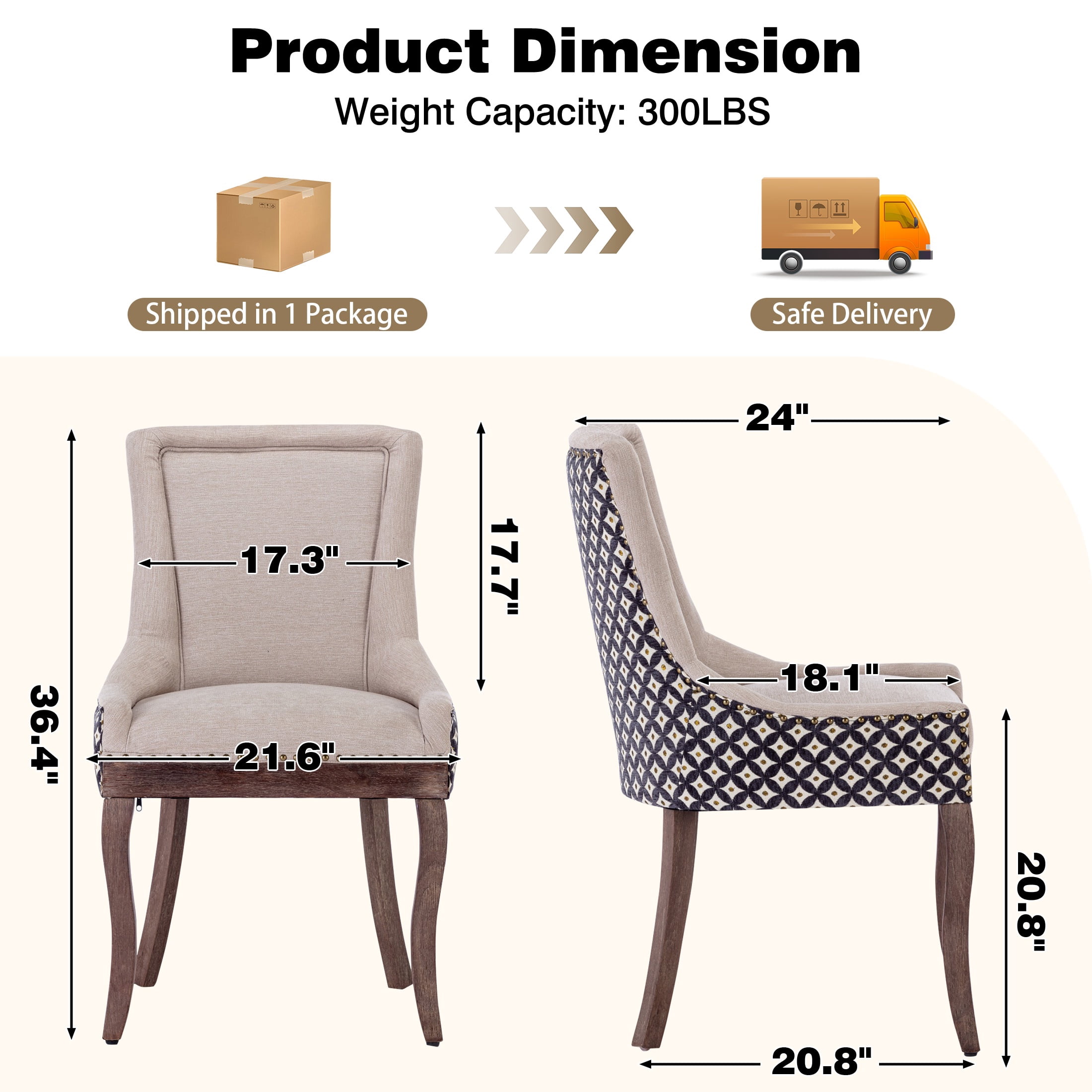 Dining Chairs Set of 2, LEGAHOME Beige Fabric Upholstered Dining Chairs, Mid-century Kitchen Chairs with High Back, Bronze Nail Head, Solid Wood Legs, Beige, 2 Pcs
