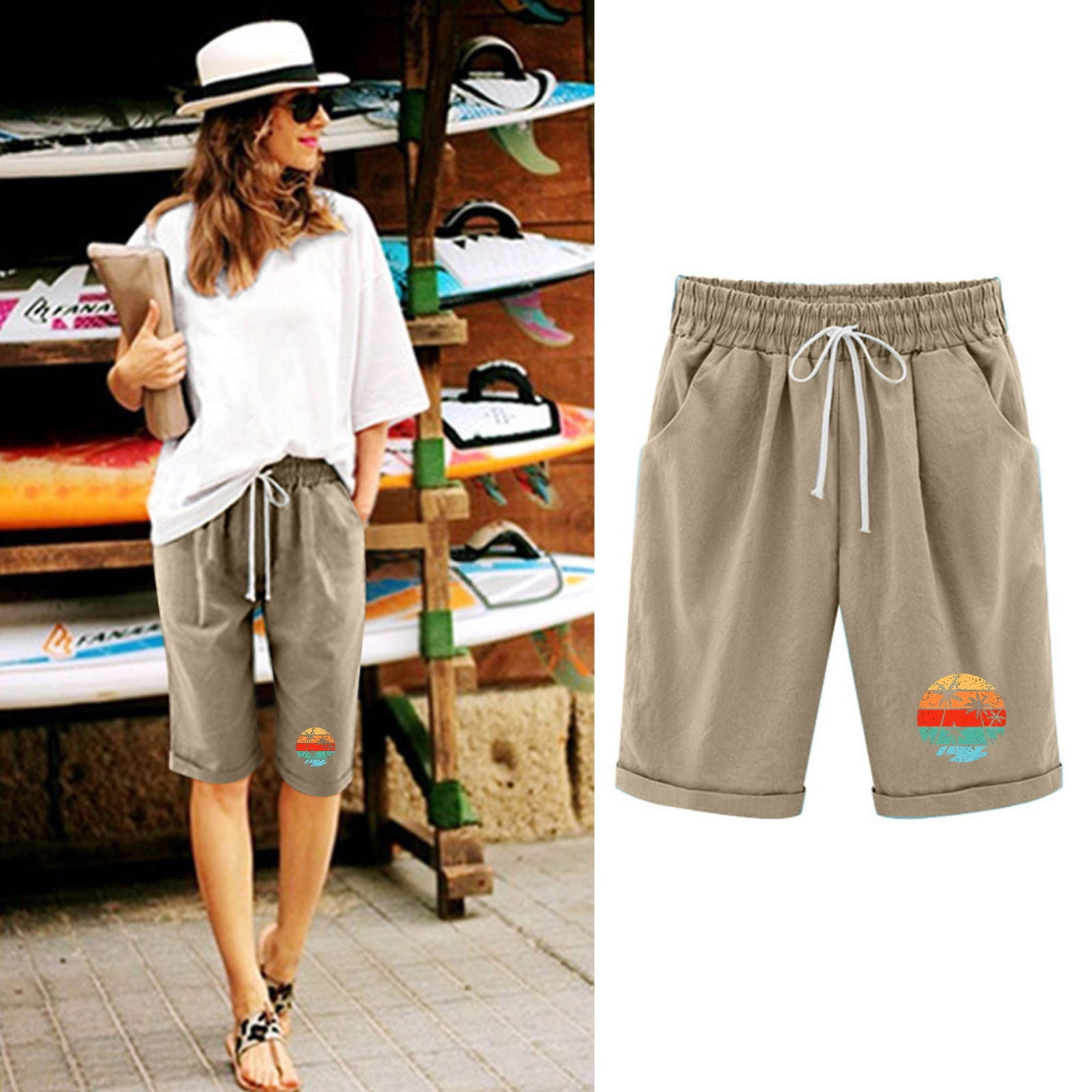 Meichang Bermuda Femme avec Poches Ete Coton Lin Shorts Causal Elastique Taille Shorts a la Mode Imprime Shorts de Plage