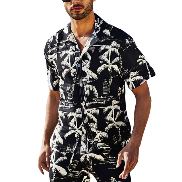 xiaxaixu Men's Hawaii Matching Sets Short Sleeve Tree Printed Button Down Shirt + Shorts Set Tropical Suits