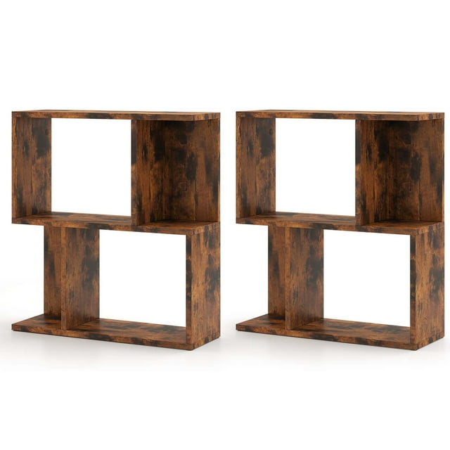 Costway 2 Pcs Bibliothèque à 3 Niveaux Étagère Géométrique Table d'Appoint avec Rangement Ouvert Étagère de Présentation Brun