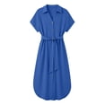 thumbnail image 4 of Admvng Womens Belted Shirt Dress Solid Collared Short Sleeve Side Slits Casual Comfy Dresses, 4 of 9