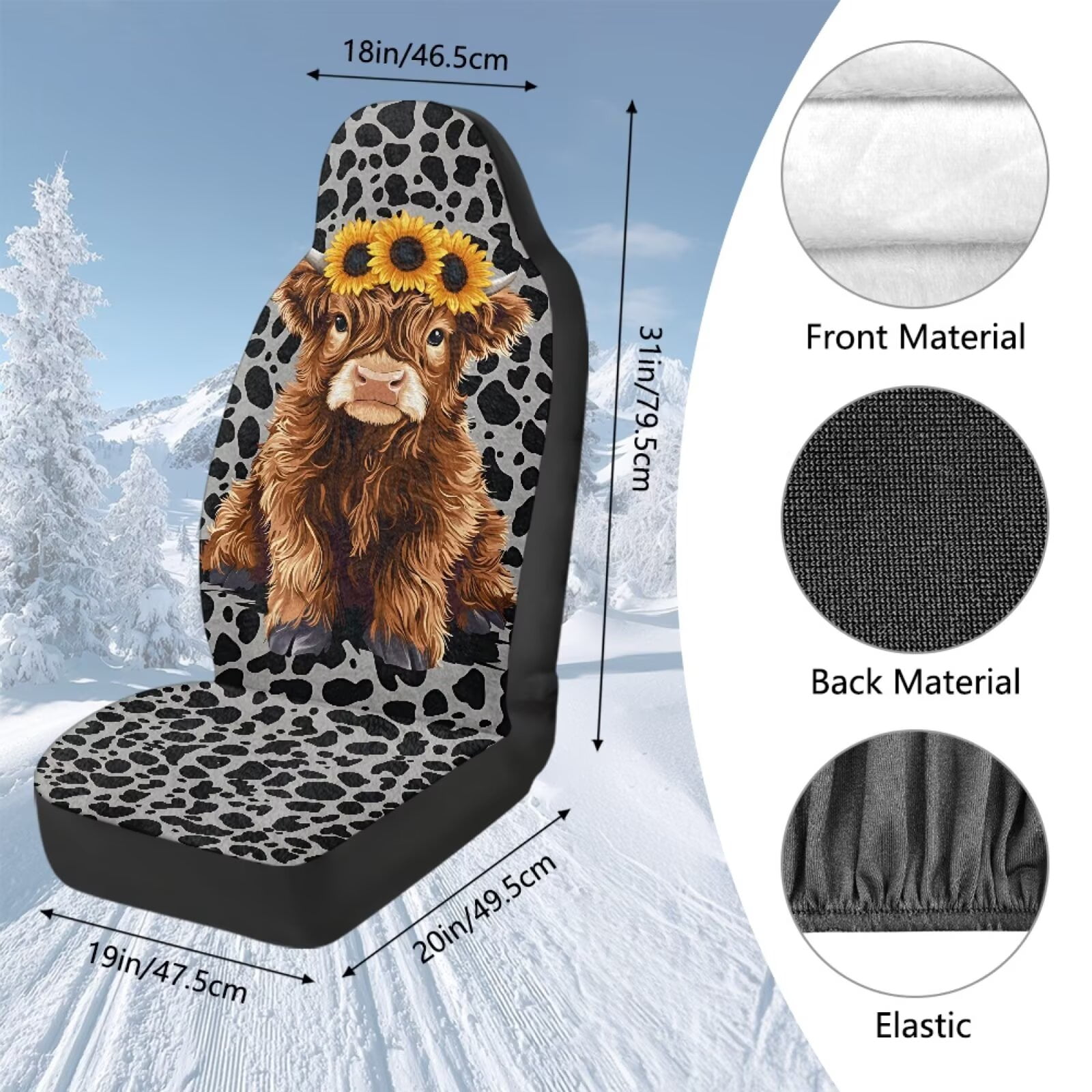 Uorisanigo Car Seat Covers, 2 Pack Front Seat Covers, Fluffy Baby Highland Cow Print Automotive Seats Cover for Auto Interior Accessories with Soft Fuzzy Non-Slip