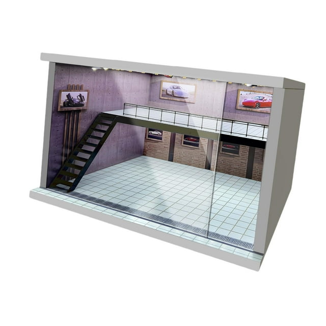 Vitrina de garaje a escala 1/64, 1/36 y 1/32, caja protectora, soporte de exhibición acrílico Escalera izquierda rosa