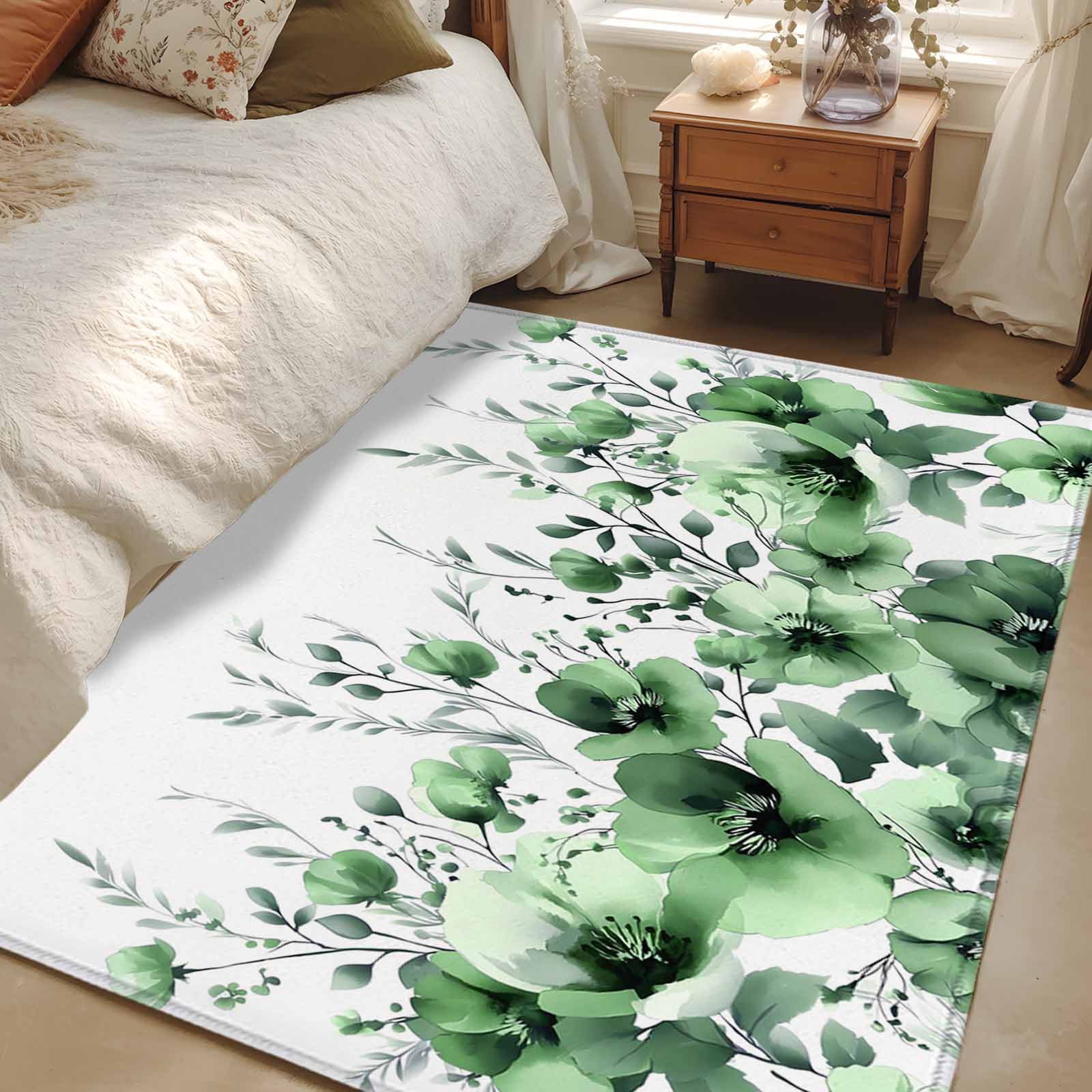 Area Rugs for Living Room Bedroom, Green Blooms Floral 4'x6' Rug Washable Carpet Runner Indoor Outdoor, Farmhouse Spring Flowers Botanical Non Slip Accent Floor Mats Rug for Kitchen, Office