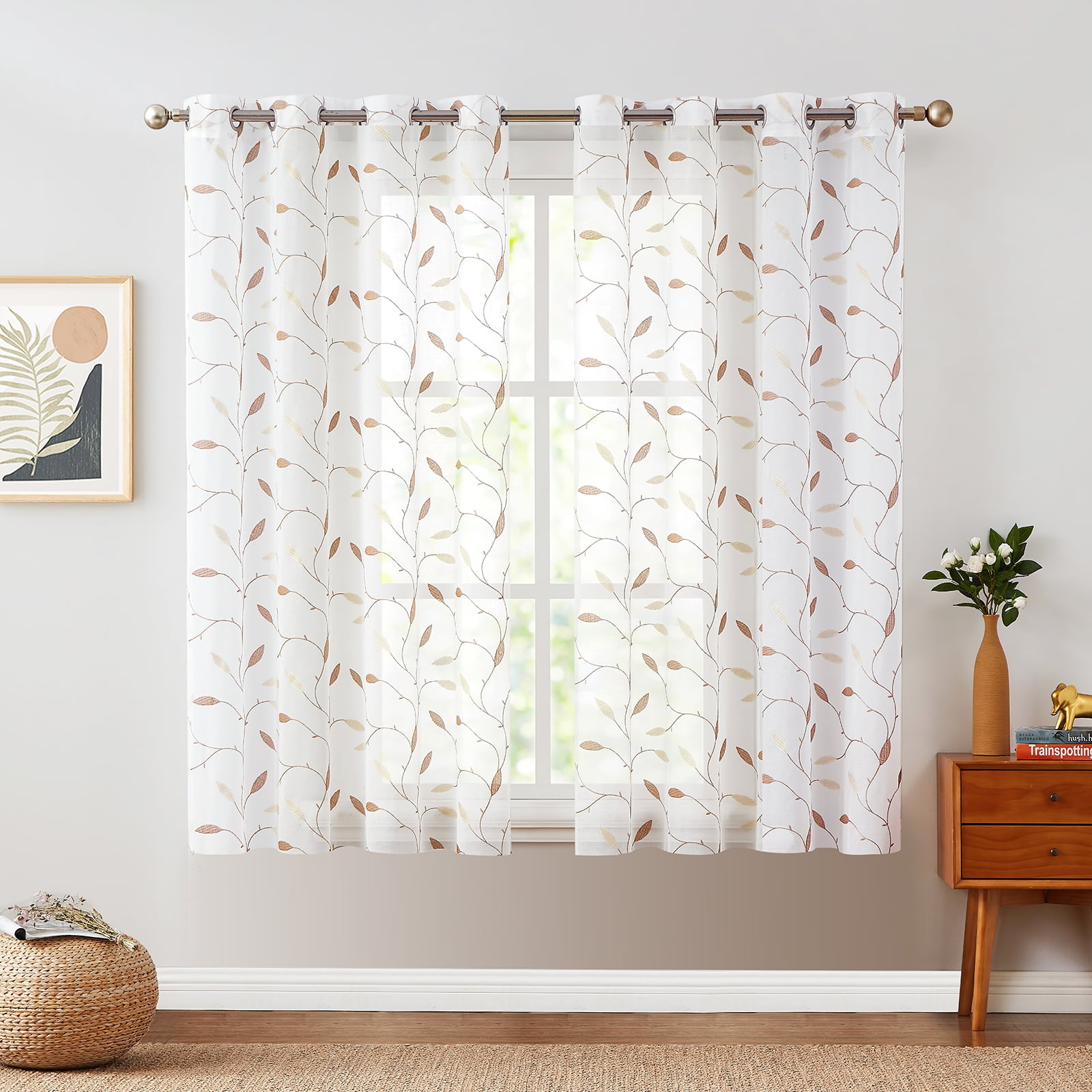 Curtainking Sheer Curtains 63 inches Embroidered Leaf Window Curtains for Living Room Grommet Top 2 Panels Voile Drapes for Bedroom Gold on White