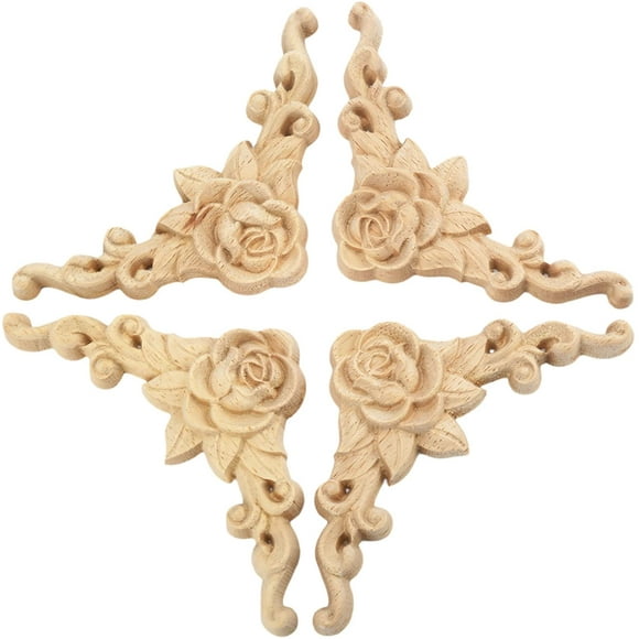 shiyou-Carved Rose Wood Appliques Onlays, 4-Pack Unpainted Wooden Rosette Carvings Corner Decals for Mantels Cabinet Mirror Dresser Wall Door Ceiling Headboard Furniture Decoration, 8x8cm/3.15x 3.15i
