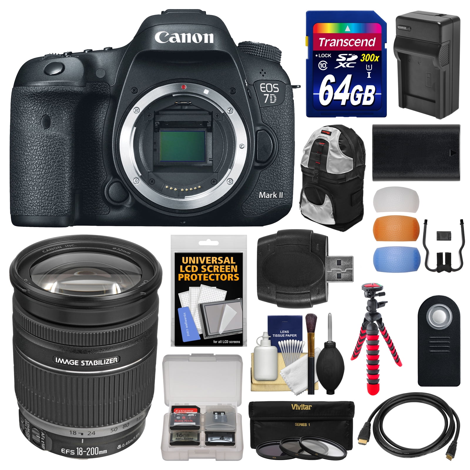Canon EOS 7D Mark II GPS Digital SLR Camera Body with 18 200mm IS Lens + 64GB Card + Backpack + Battery/Charger + Tripod + Kit