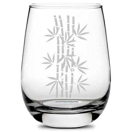 

Premium Stemless Wine Glass Bamboo Deep Etched 16oz Unique Gifts Made in Sand Carved by Hand
