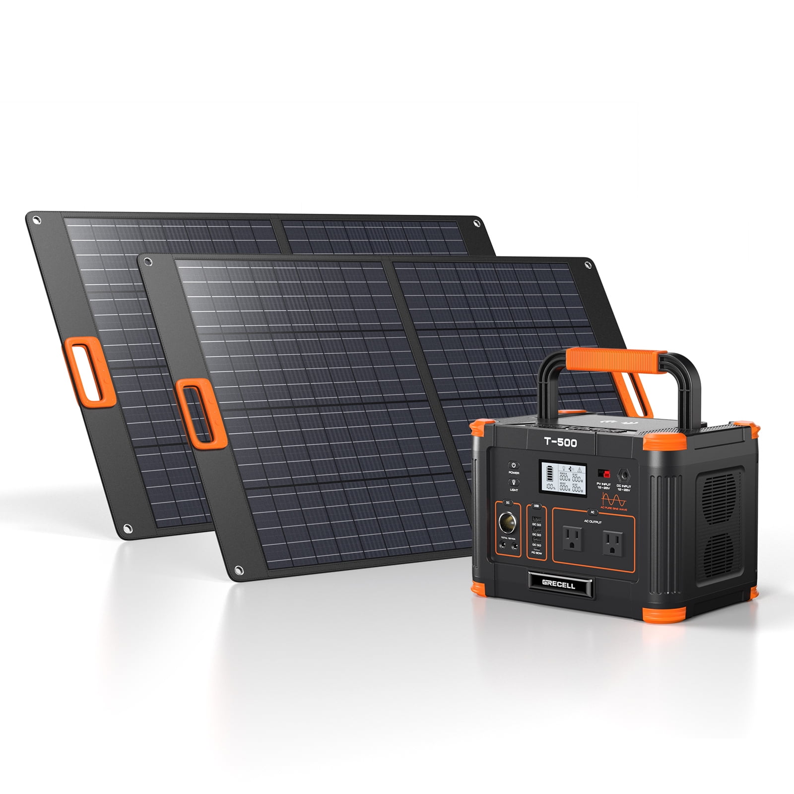 GRECELL 2PCS 100W Portable Solar Panel Kit with 500W Power Station, 519Wh/140400mAh Solar Generator Outdoor Backup Lithium Battery Pack Power Supply for Tent Camping Home Emergency Traveling RV Trip