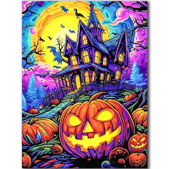 5D Diamond Painting Kit Halloween Haunted House Pumpkin, Full Round Drill DIY Diamond Art Kit, Spooky Castle Jack‑o‑Lantern Gem Painting Picture for Wall Decor, Halloween Gift for Adults Beginners