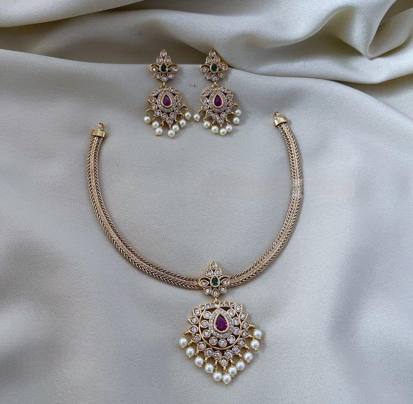 Matte Finish Gold Plated Choker Necklace Set - Indian Wedding Jewelry with Ruby, Green Stones & White Pearls, High-Quality Jewelry Set for Women