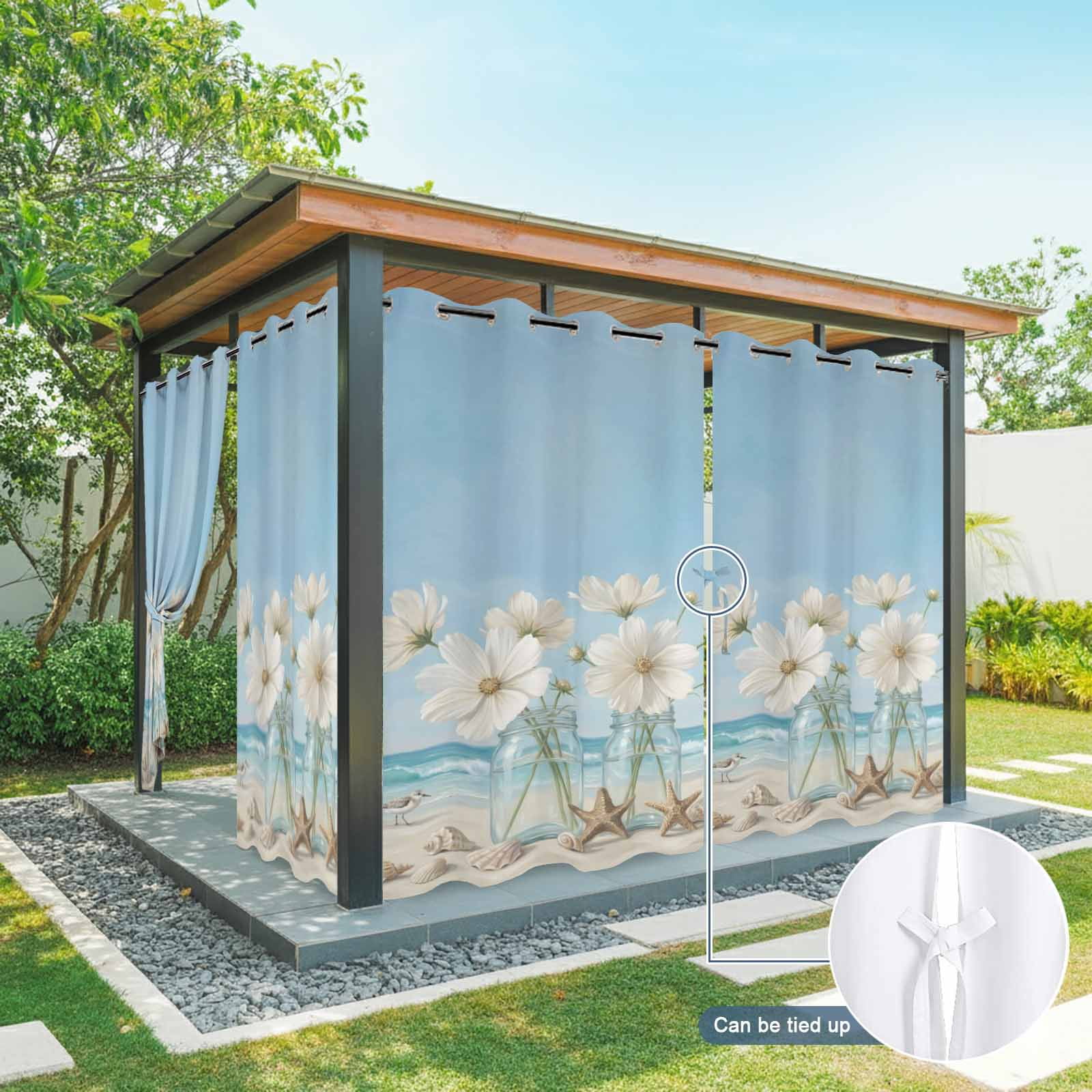 Coastal Scenery Outdoor Curtains for Patio, Summer Flowers Jars Starfish Beach Sunshade Privacy Drapes Grommet Waterproof Outside Curtains for Porch/Cabana/Balcony 54"x 108", 1 Panel