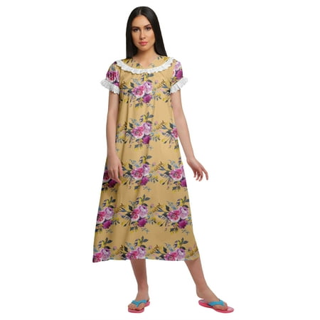 

Moomaya Printed Short Sleeve Nightdress For Women Cotton Sleepwear Gown