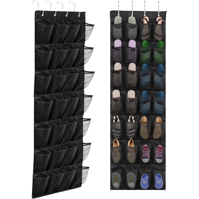 Almacenamiento de zapatos sobre la puerta, soporte para zapatero colgante con 28 bolsillos de malla grandes y 4 ganchos de metal (negro)