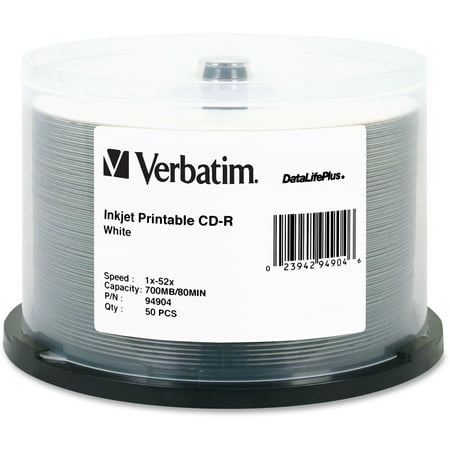 Verbatim, VER94904, 52X White Inkjet Printable CD-R Spindle, 50,