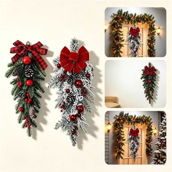 Goodw7 Teardrop Christmas Wreath Garland, Lifelike Artificial Hanging Decor with Bows Berries Branches, Snowy Holiday Ornament for Door Wall Arch Indoor Outdoor