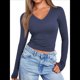 thumbnail image 3 of Camisas de Larga para Mujer, Moda de Otoño, Cuello en V, Básicas, Tops Cortos, Entallados, Y2K, Conjuntos, Ropa Azul M, 3 of 9
