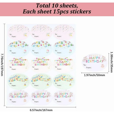10 Sheets 150Pcs Happy Birthday Name Stickers Gift Tag Stickers to from Oval 1.97 x 1.38 Inch Colorful Present Self Adhesive Paper Labels for Birthday Party Favors Presents Gifts DIY Decor