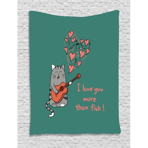 I Love You More Tapestry, Cartoon Singing Cat with Guitar More Than Fish Song Music Notes and Hearts, Wall Hanging for Bedroom Living Room Dorm Decor, 60W X 80L Inches, Multicolor, by Ambesonne