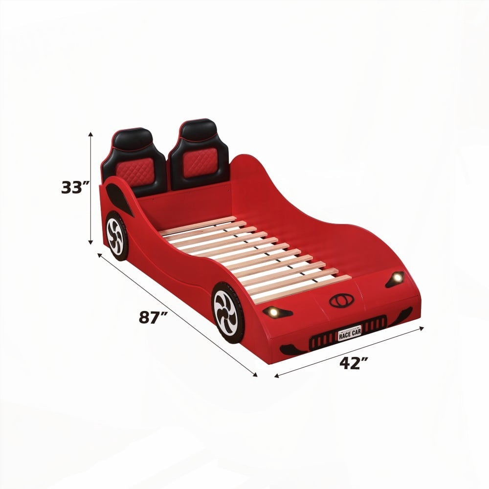 Colen Red Finish Twin Car Bed with LED Lights and Comfort - No Box Spring Needed