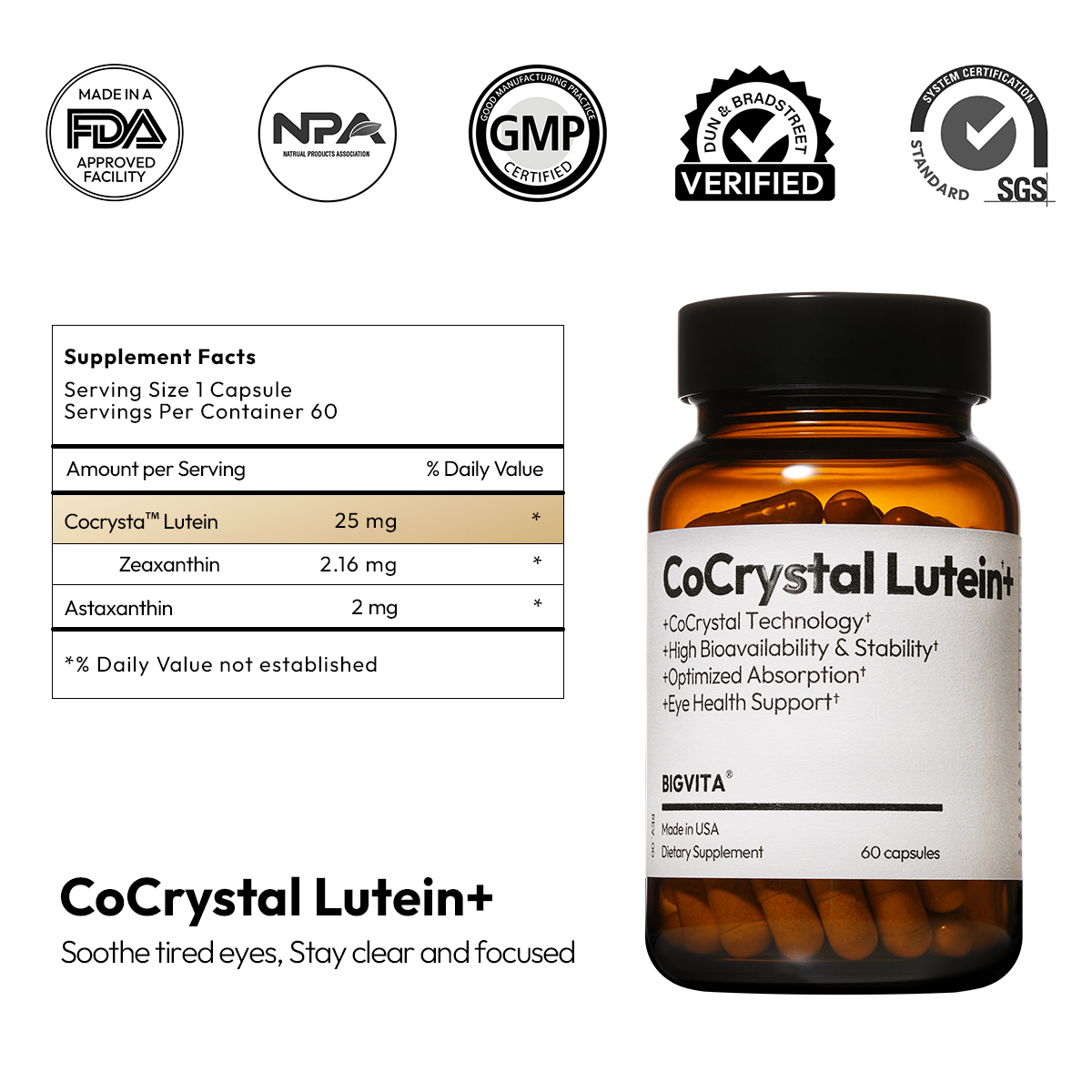 BIGVITA CoCrystal Lutein+ | 3-in-1 Eye Support with Fast-Absorbing Lutein, Zeaxanthin & Astaxanthin | Blue Light Defense, Visual Clarity & Eye Fatigue Relief | High Bioavailability, 60 Capsules