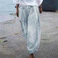 thumbnail image 2 of Casual Linen Harem Pants for Women Denim Print Loose Elastic High Waisted Wide Leg Baggy Jeans Floral Pattern Hippie Trousers, 2 of 6