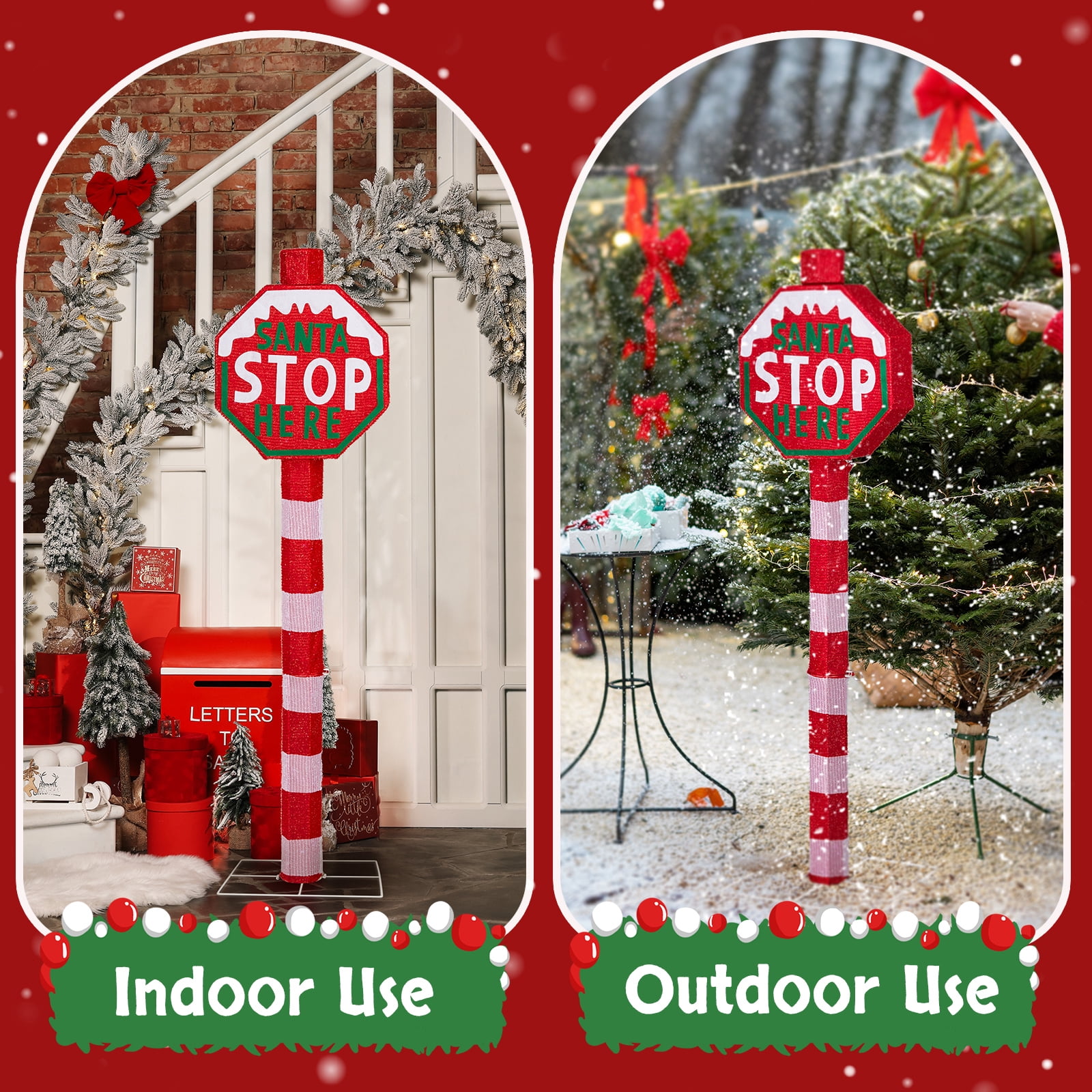 Lighted STOP Sign Christmas Yard Decorations, Pre-lit Road Sign SANTA STOP HERE with 70 LED White Lights and Stakes for Outdoor Indoor Holiday Decor