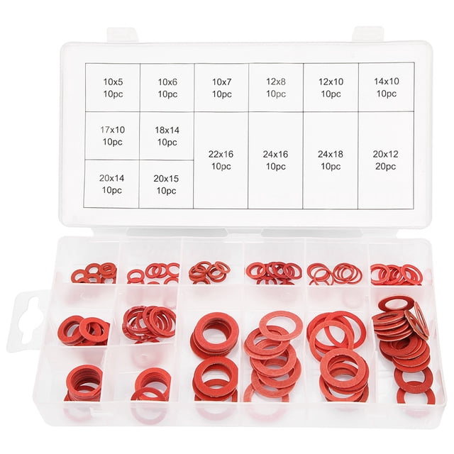 Rondelle d'étanchéité - 150pcs 14 Tailles Rouge en Acier Rondelle d'étanchéité Assortiment Plat Anneau d'étanchéité Fibre Rondelle avec Box