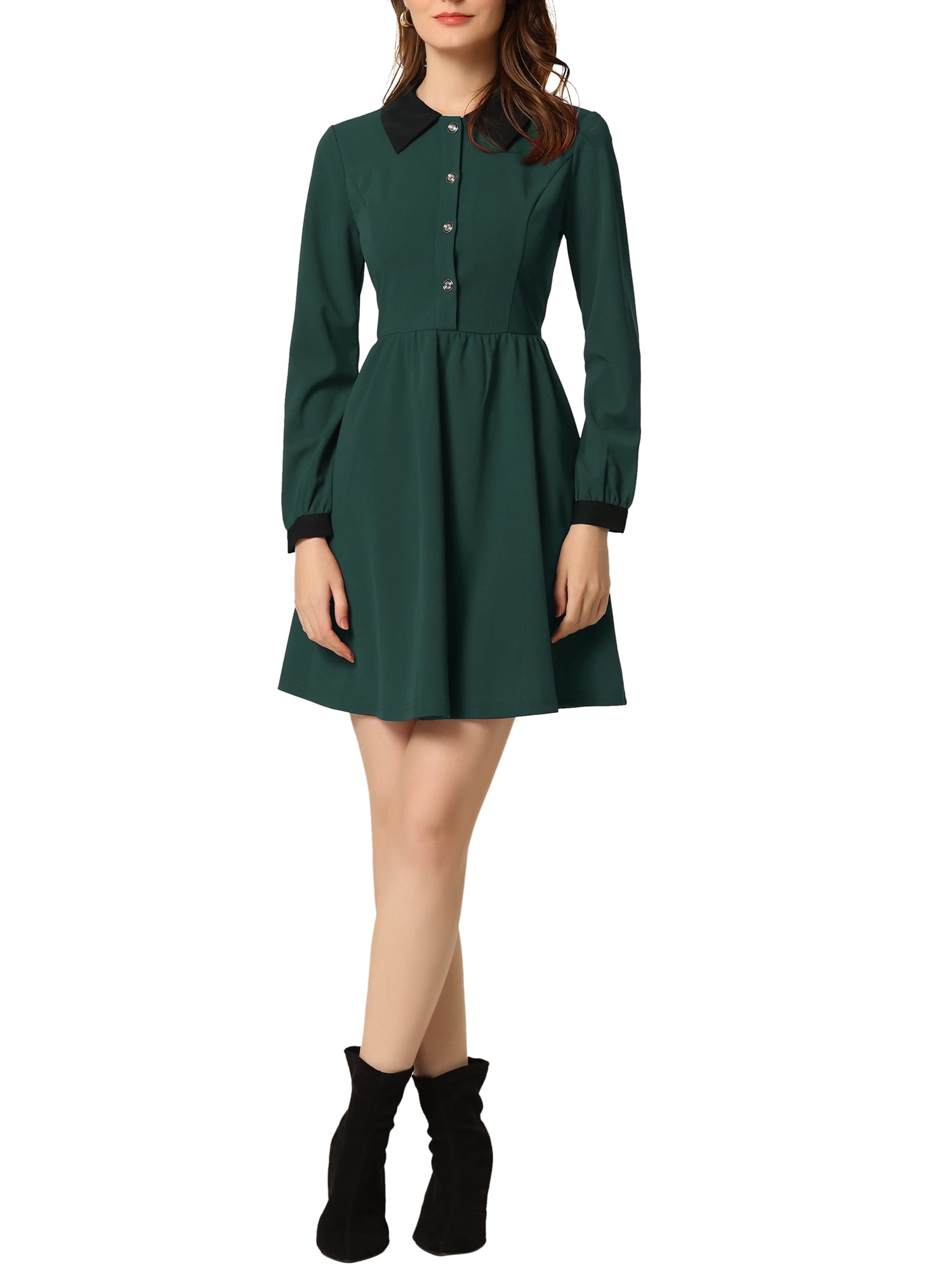 Unique Bargains Women's Peter Pan Collar Contrast Half Placket Swing Short Dress XL Dark Green