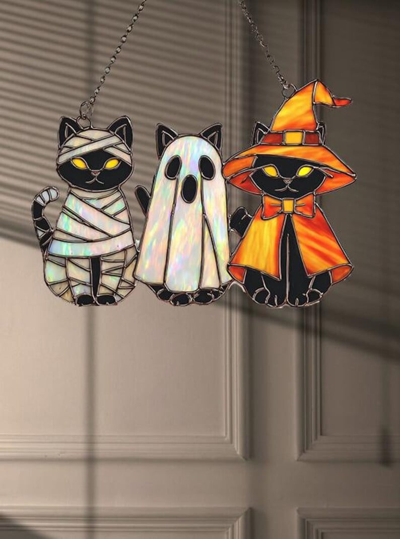 Halloween Trio Black Cats Hologram Suncatcher– Black Cat, Ghost, Witch Mummy Acrylic Window Hanging, Cute Spooky Fall Decor Gift, Cat Lovers