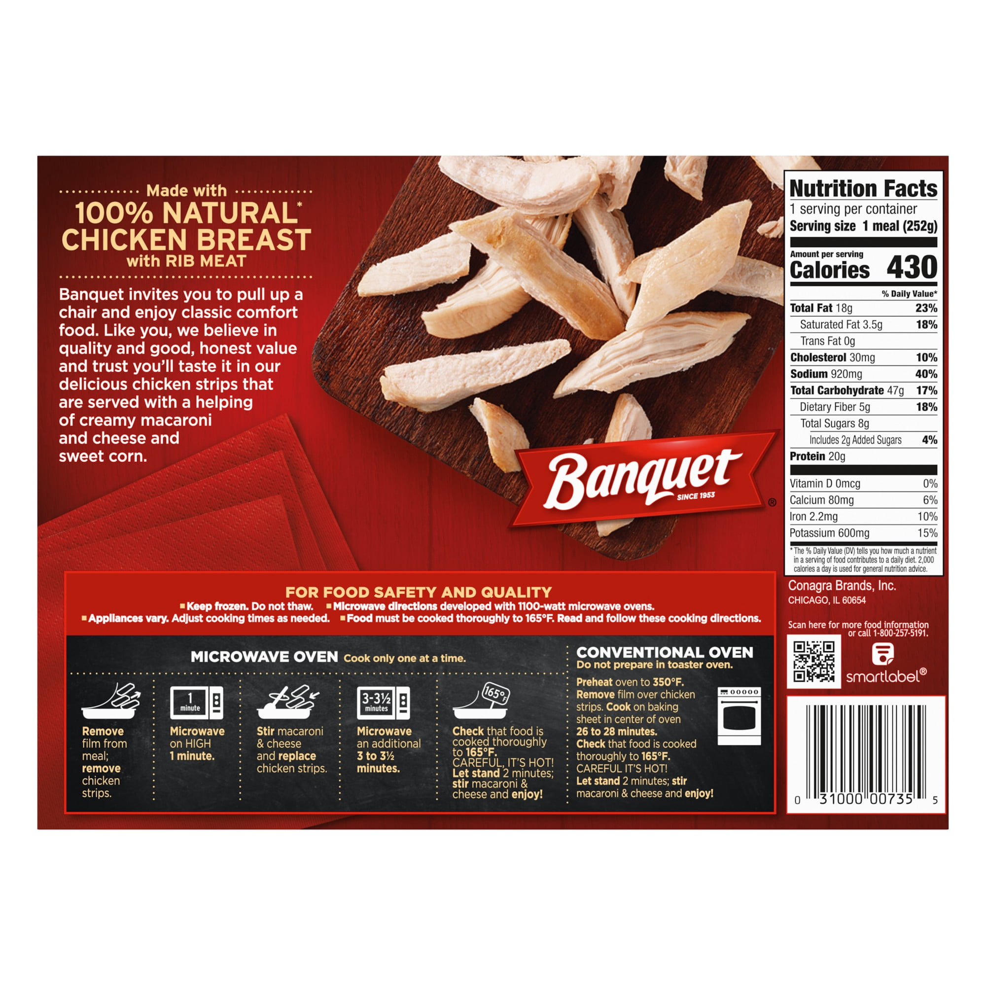 Banquet Chicken Strips with Mac and Cheese, 20g Protein, Frozen Meal, 8.9 oz.