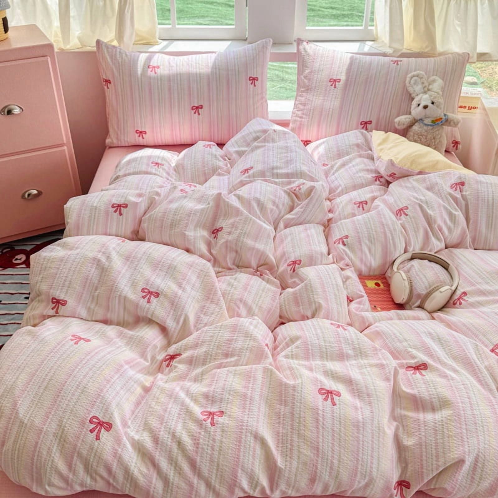 JOLUSERE 2-Piece Colourful Striped Girls Duvet Cover Twin Set, Reversible Pink Bows Soft Bedding Sets for Kids
