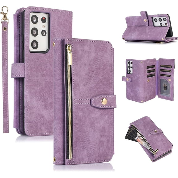 Wallet Case for Samsung Galaxy S23 Ultra, 9 Card Holder Slots Zipper Pocket Handbag Case Magnetic Closure Kickstand with Wrist Strap TPU Shockproof Flip Case - Retro Purple