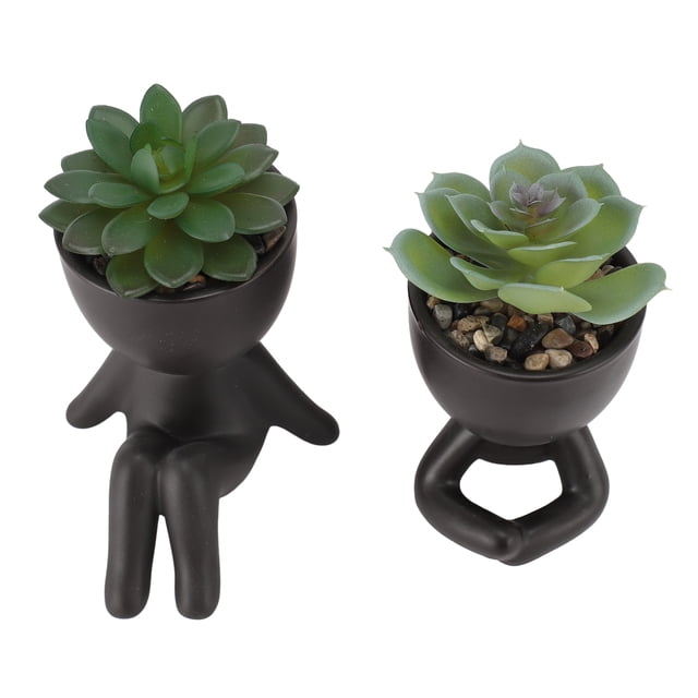 2pcs Cute Human Shaped Mini Succulent Flower Pots with Artificial Plants, Suitable for Home Decor, Office Decor, Shelf Decor