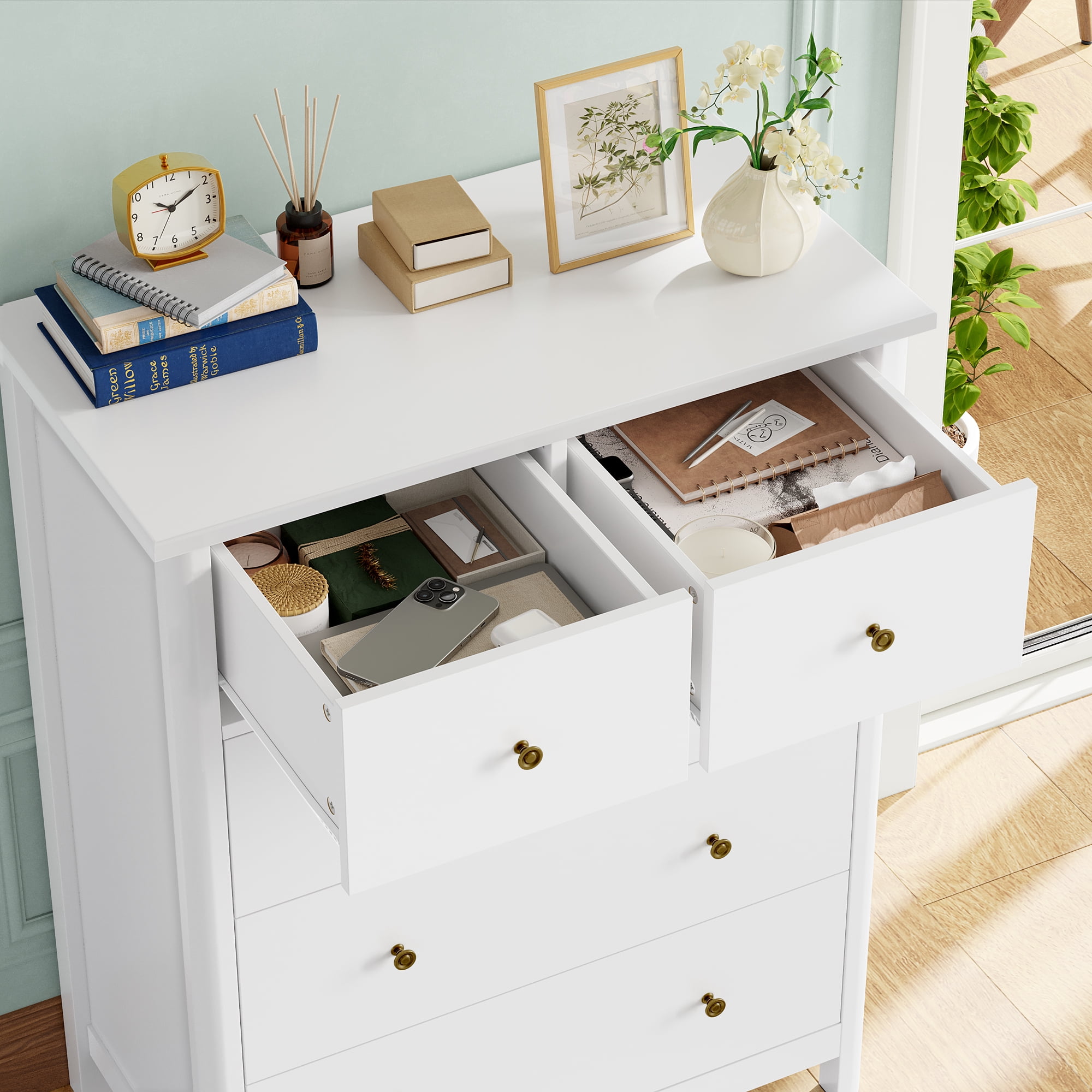 Homfa White Dresser of 5 Drawers, Dresser Chest with Easy Pull Handle for Bedroom, Living Room