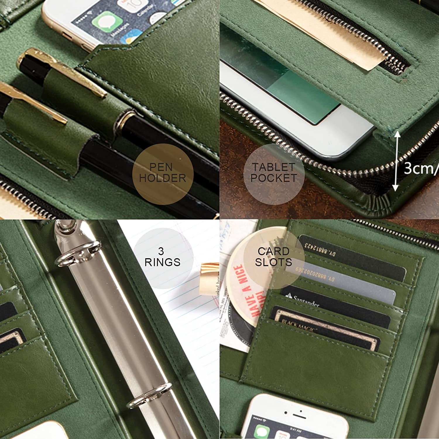 LeatherBelief Portfolio 3 Ring Binder,Vegan Leather Portfolio Binder with Zipper,Business Padfolio Organizer Notepad Holder,Portfolio Folder with Tablet for ipad Pro 13 MacBook,Green