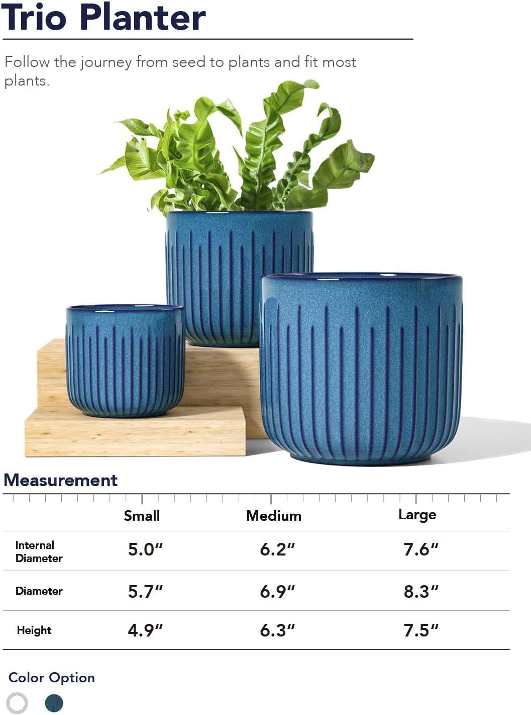 BEMAY  Set of 3  Plant Pots, Ceramic Planters for Indoor Plants, 8.3+6.9+5.7 inch Flower Pots with Drainage Holes, Indoor Planters for House Plants,Glaze Ocean Blue
