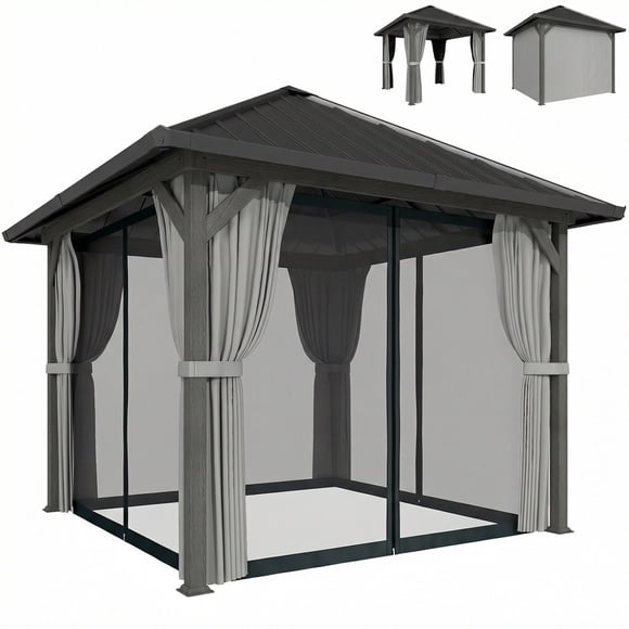 Outsunny 10' x 10' Hardtop Gazebo with Steel Roof, Netting and Curtains