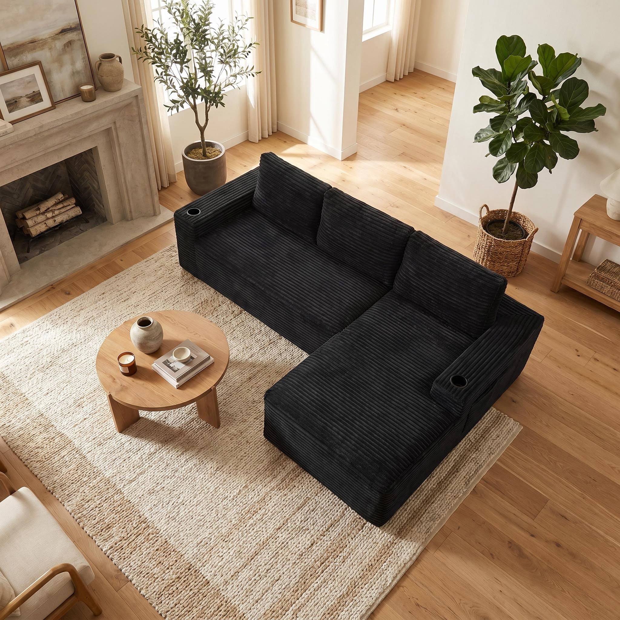 AISWORD 104.3" L-Shaped Modular Sectional Sofa, Corduroy 4-Seater Cloud Couch with Cup Holders & Side Pockets, Boneless Upholstered Sofa, No Assembly, Black, Right-Facing Chaise