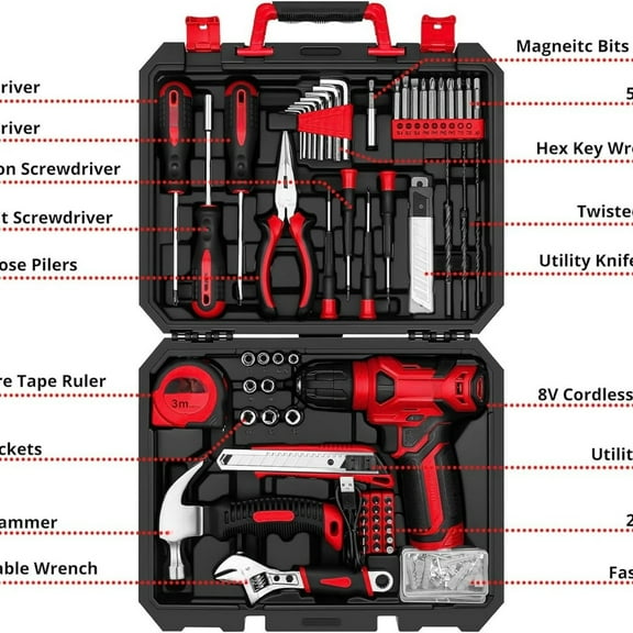 Drill Set: Tool Set with 8V Red Cordless Drill, Home Tool Kit with Drill, Hand Tool Kits for Women 126 Piece