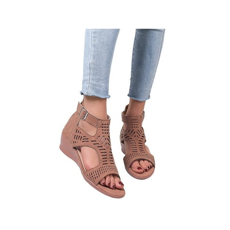 

GENILU Lady Solid Color Open Toe Wedge Buckles Sandals Pumps Summer Soft Anti Slip Breathable Heels