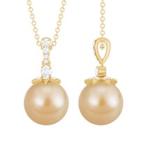 Rosec Jewels South Sea Pearl Solitaire Pendant with Diamond for Women - 8 mm - Aaa Grade, 14K Yellow Gold