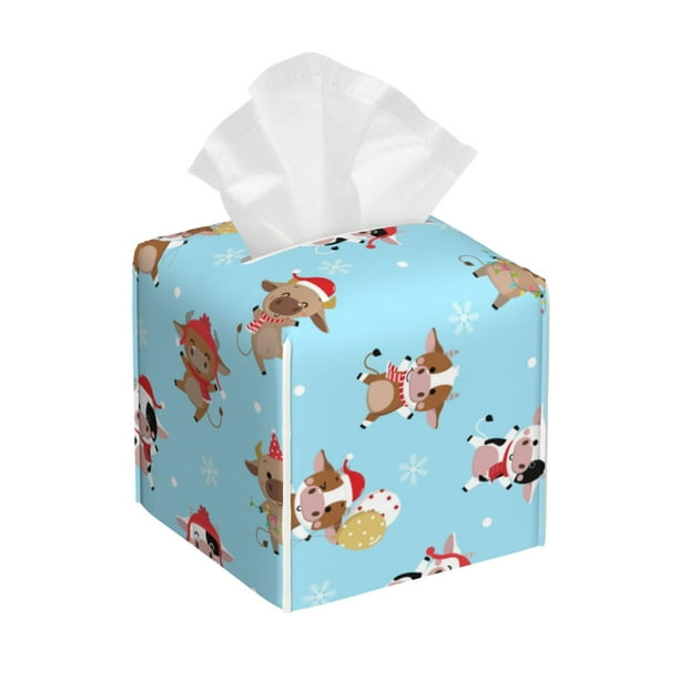 Fotbe winter cow cute Porta Pañuelos Decorativo de Cuero, Caja Cuadrada Moderna para Pañuelos Faciales, Organizador y Dispensador 5x5x5''
