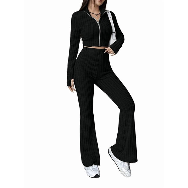 Conjunto de Dos Piezas para Mujer, Pantalón Corto de Larga con Cremallera y Pantalones, Chándal Sexy y Ajustado para Estar en Casa. Negro M