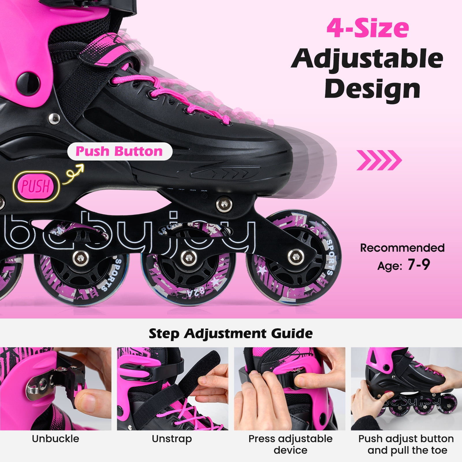 Babyjoy Kids Inline Skates, Adjustable Light-Up Roller Skates with Illuminating Wheels Pink